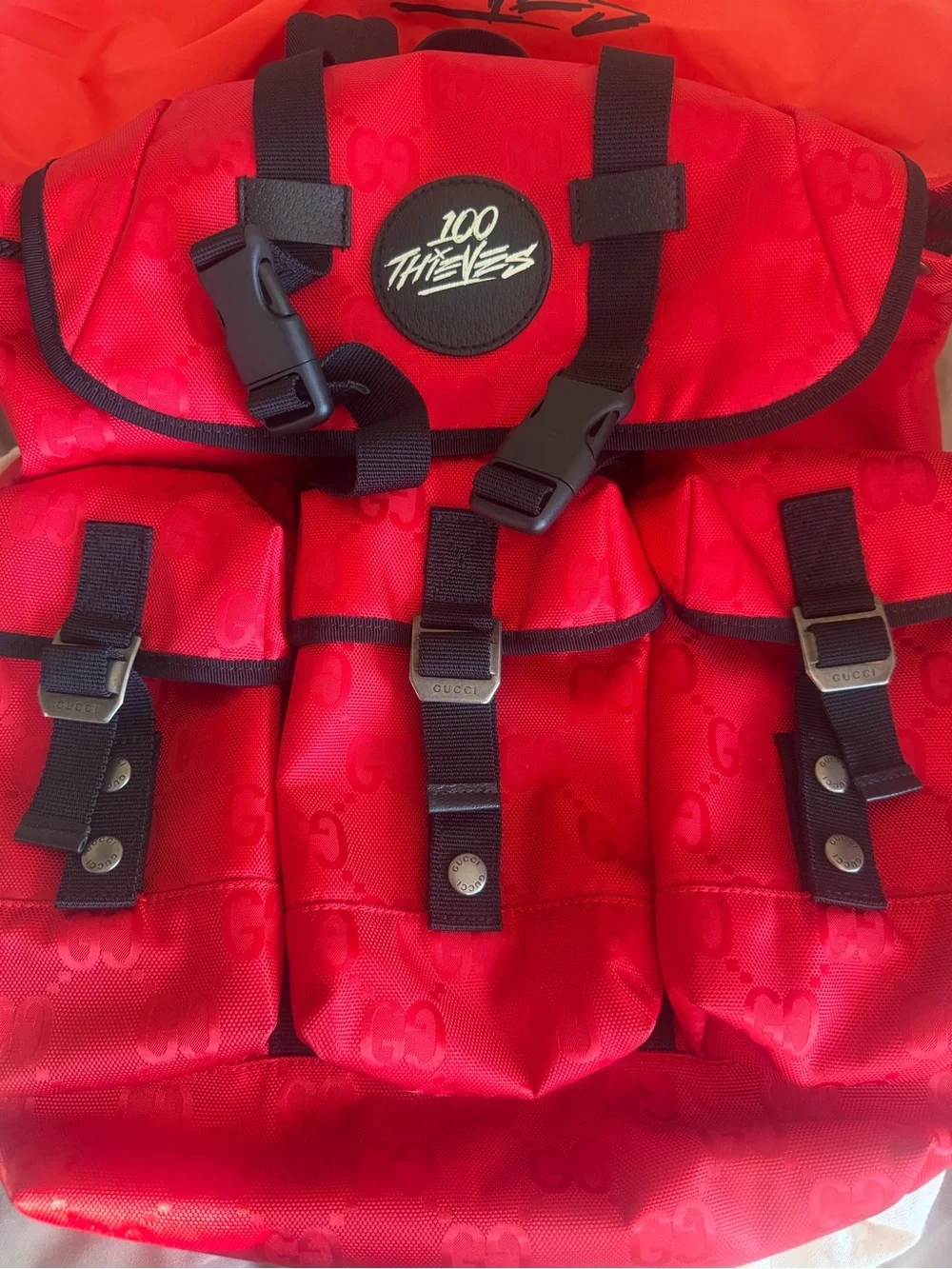 Gucci x 100 Thieves Off the Grid Red Monogram Nylon Backpack with Black Trim